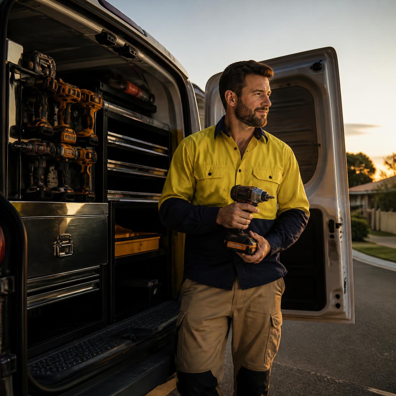 Australian tradie standing beside an organised work van with secured tools